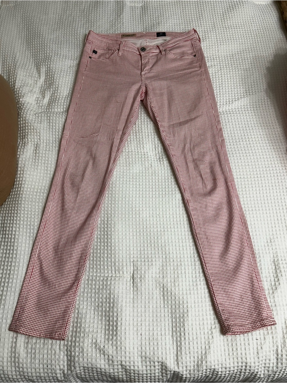 AG Adriano Goldschmmied Red & White Micro-Check Skinny Pants